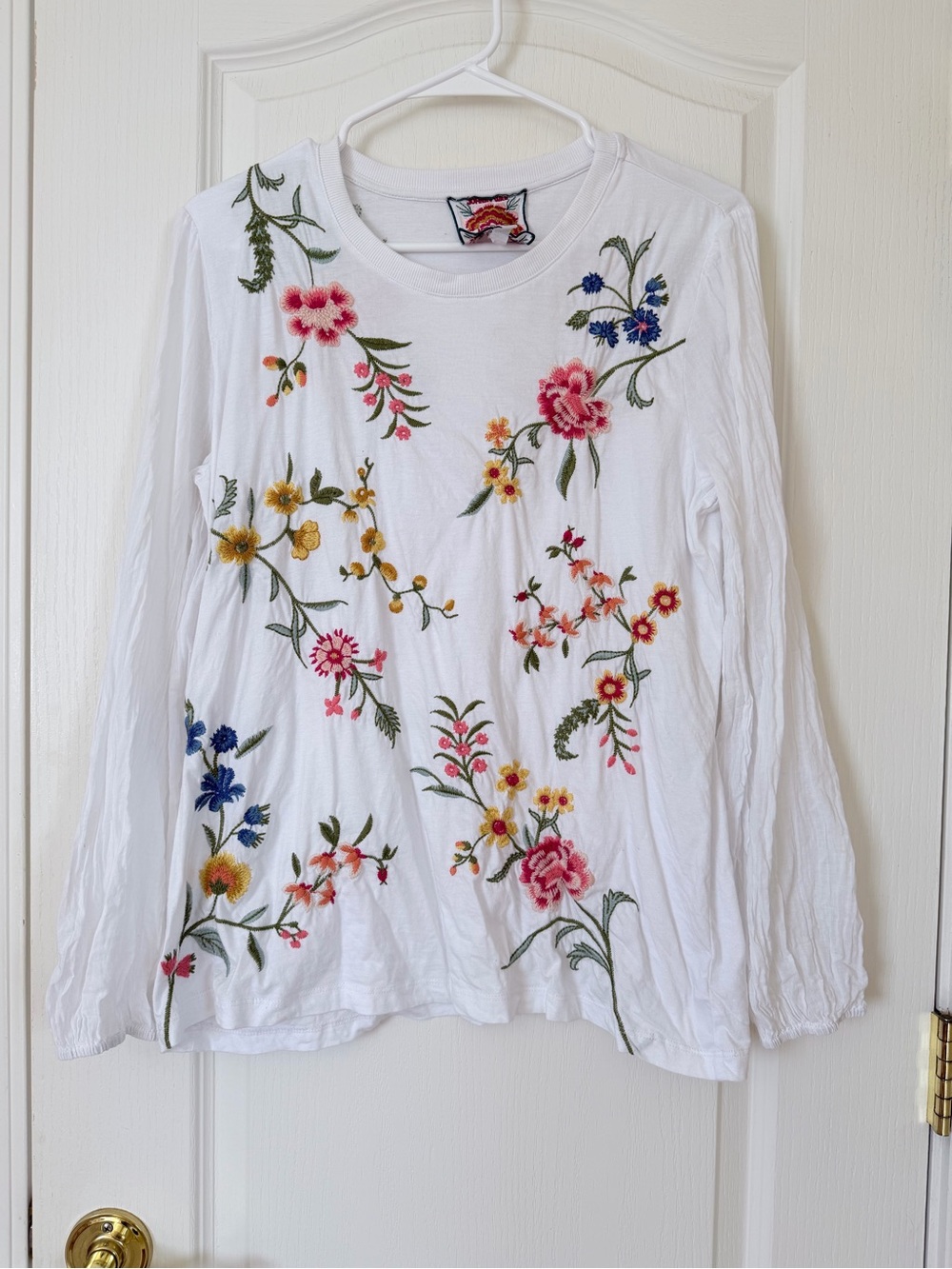 Johnny Was Los Angeles White Floral Embroidered Long Sleeve Top M